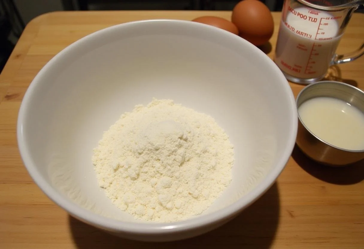 Farinha de arroz e ingredientes preparados para fazer Bolo de Farinha de Arroz Fofinho.