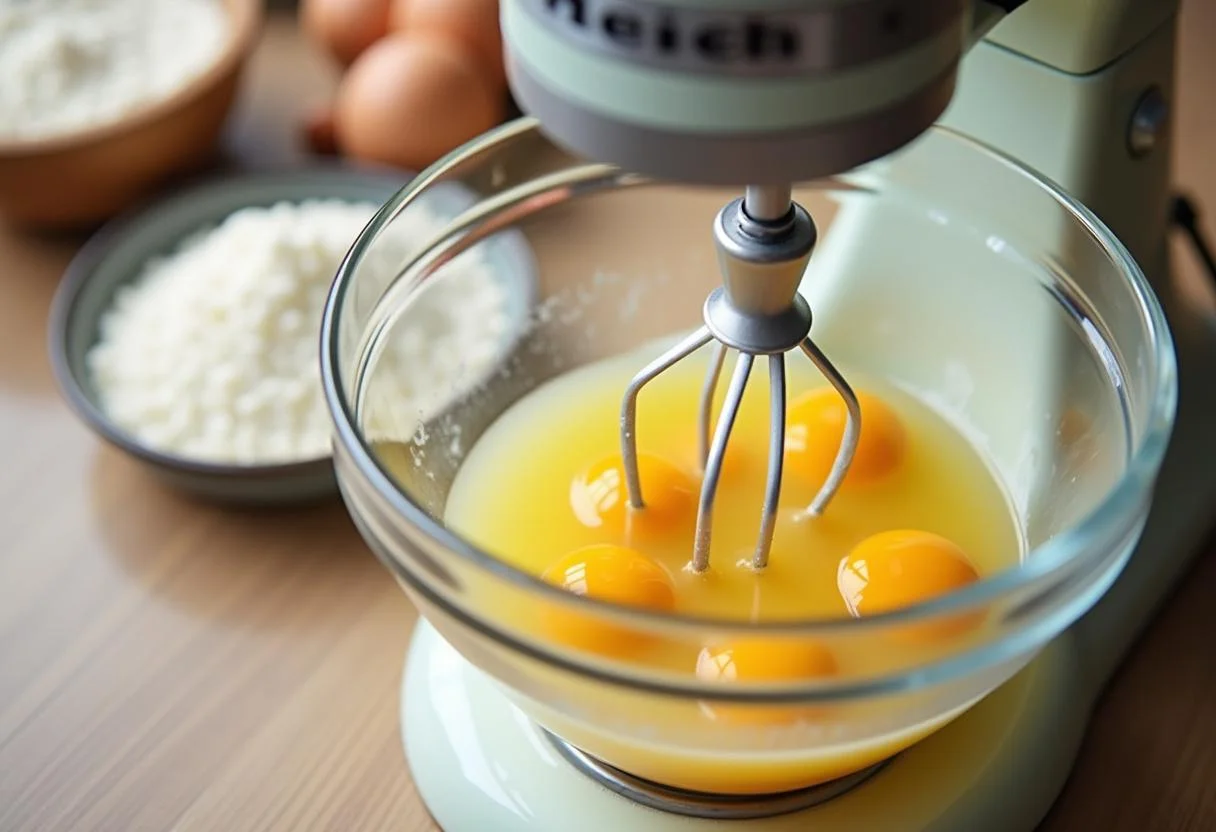 Mistura de ovos e açúcar para o Bolo de Farinha de Arroz Fofinho, criando uma massa leve e fofa.