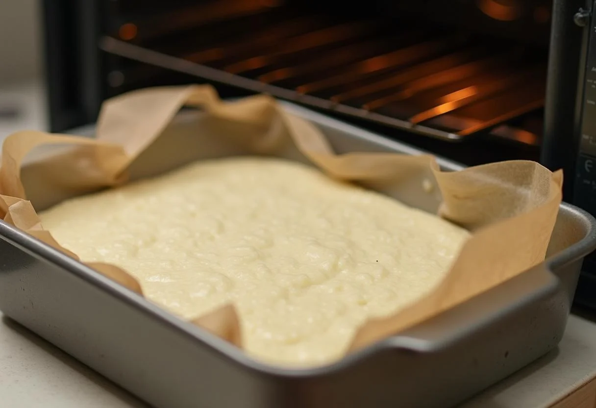 Bolo de Farinha de Arroz Fofinho sendo colocado em forma antes de assar, mostrando a textura leve da massa.