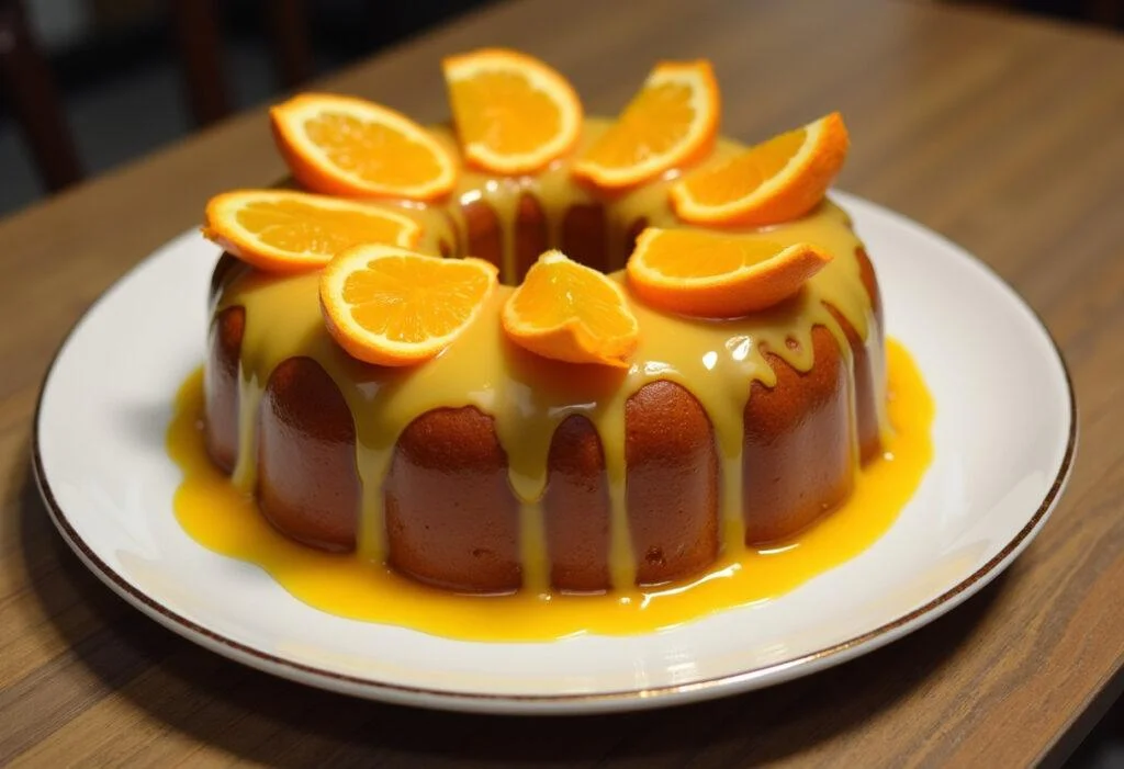 Bolo de Laranja Champanhe Fofinho decorado com cobertura de laranja, perfeito para servir.