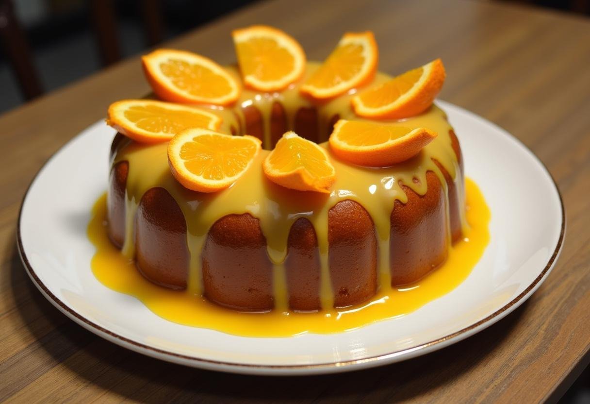 Bolo de Laranja Champanhe Fofinho decorado com cobertura de laranja, perfeito para servir.