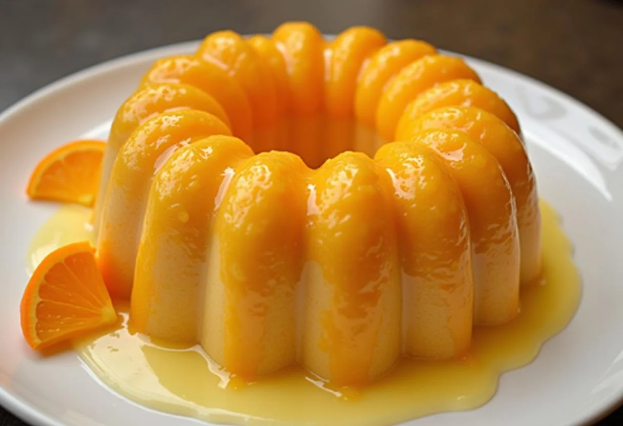 Bolo de Laranja Champanhe Fofinho decorado com cobertura de laranja, perfeito para servir.