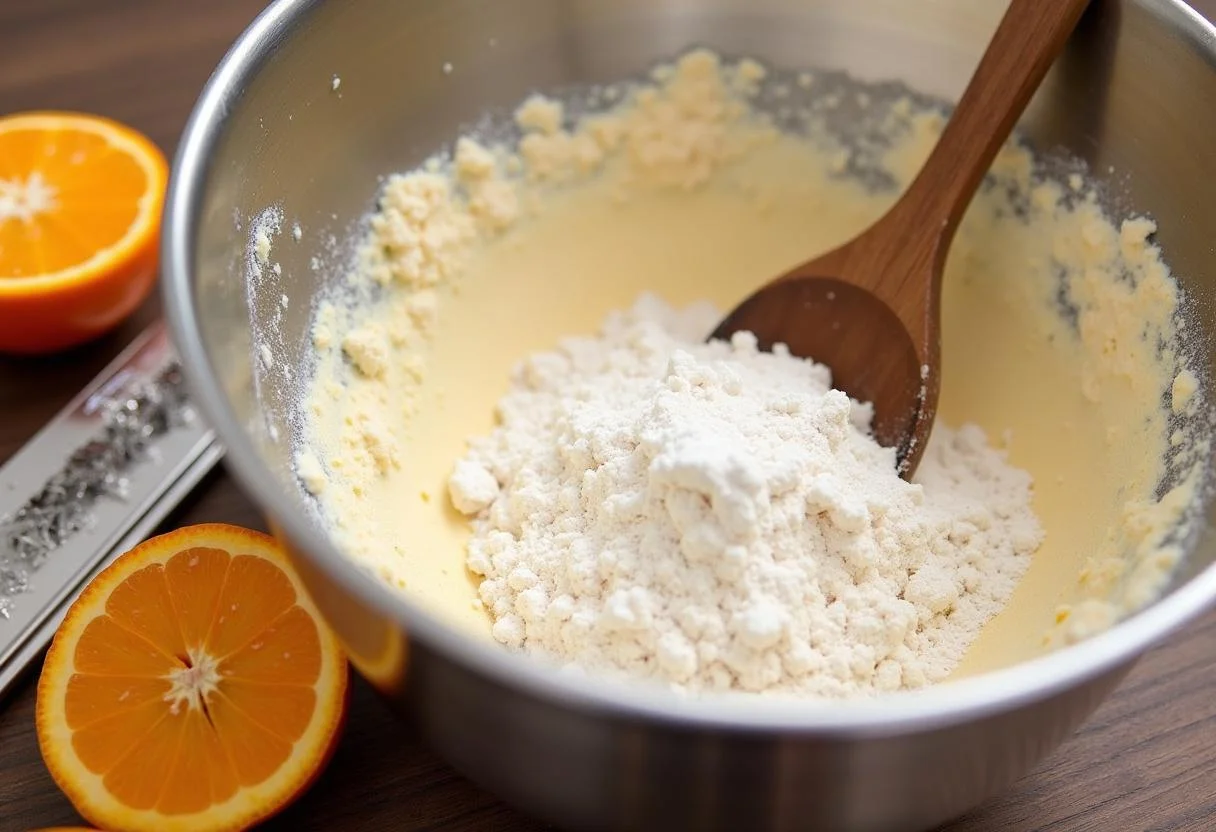 Mistura de farinha, fermento em pó e açúcar para Bolo de Laranja Champanhe Fofinho.