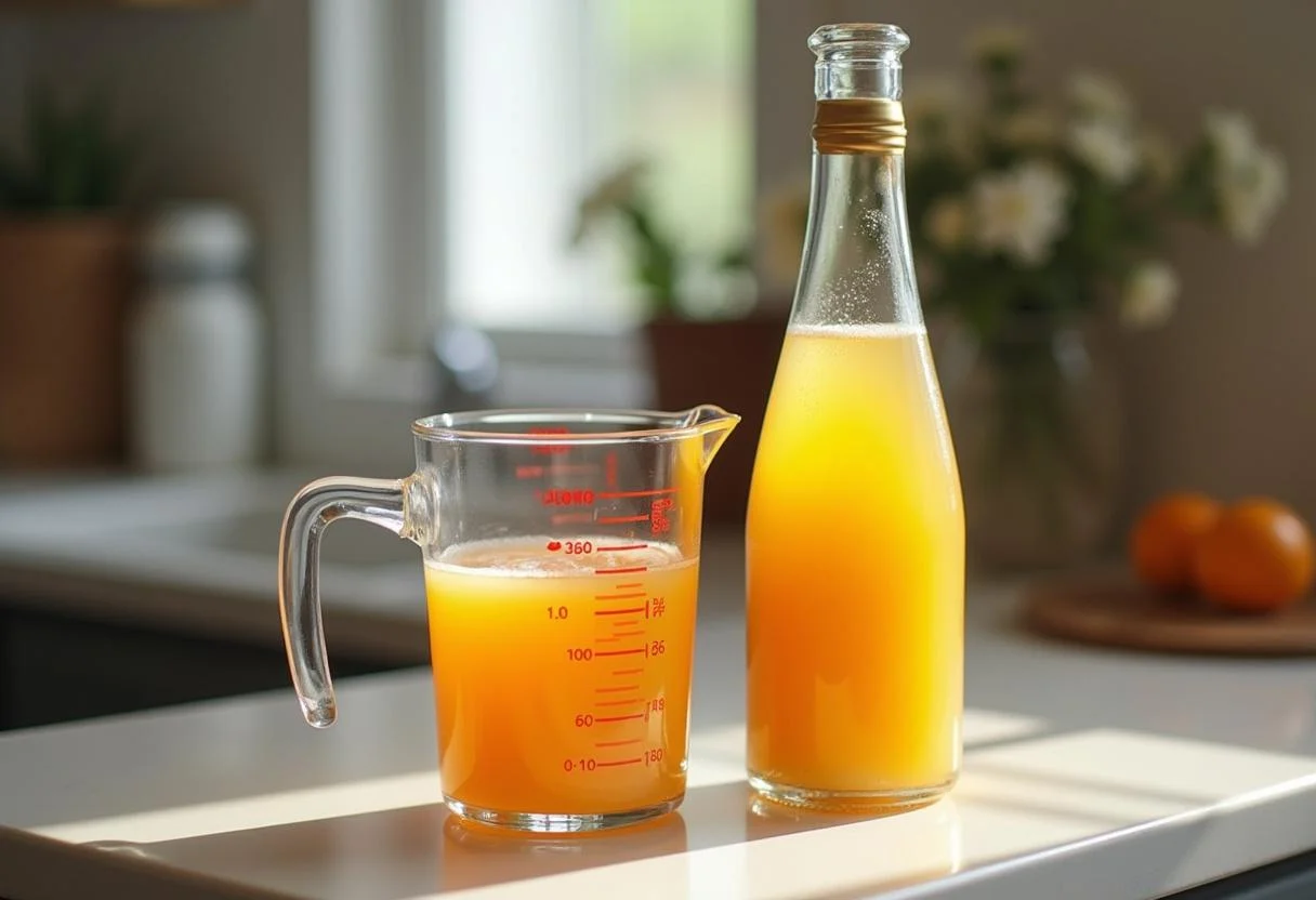 Suco de laranja fresco e champagne prontos para Bolo de Laranja Champanhe.