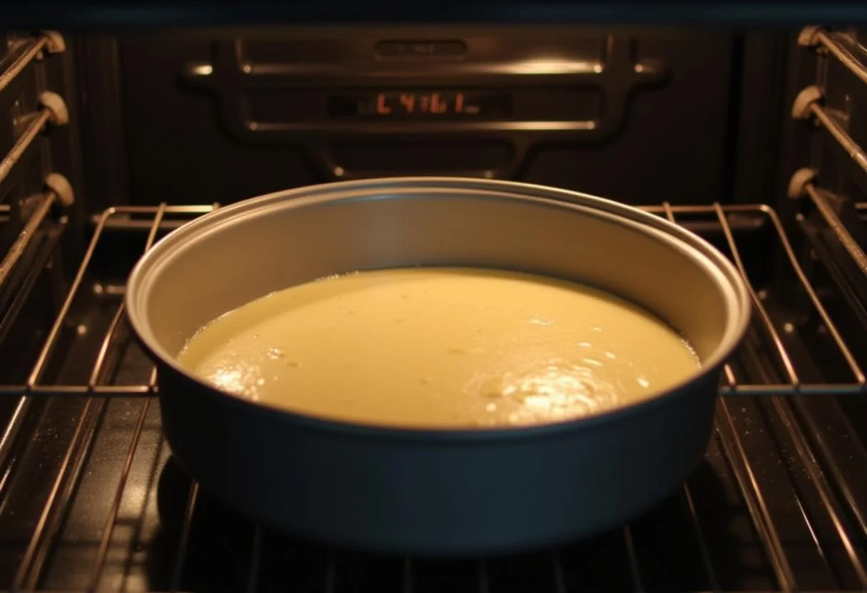 Forma de bolo com a massa de laranja champanhe sendo colocada no forno.