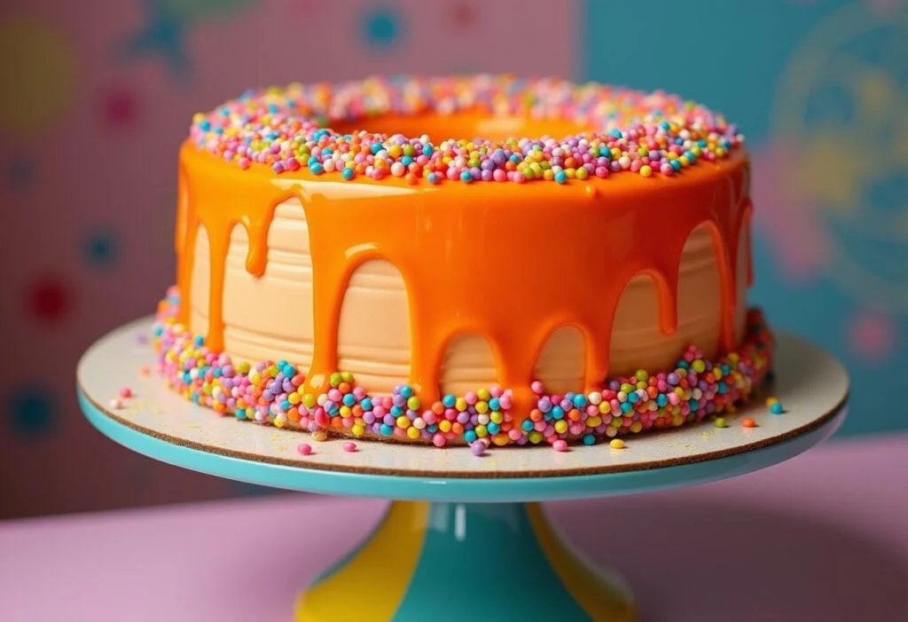Bolo de Laranja Fluorescente Neon decorado, perfeito para festas.