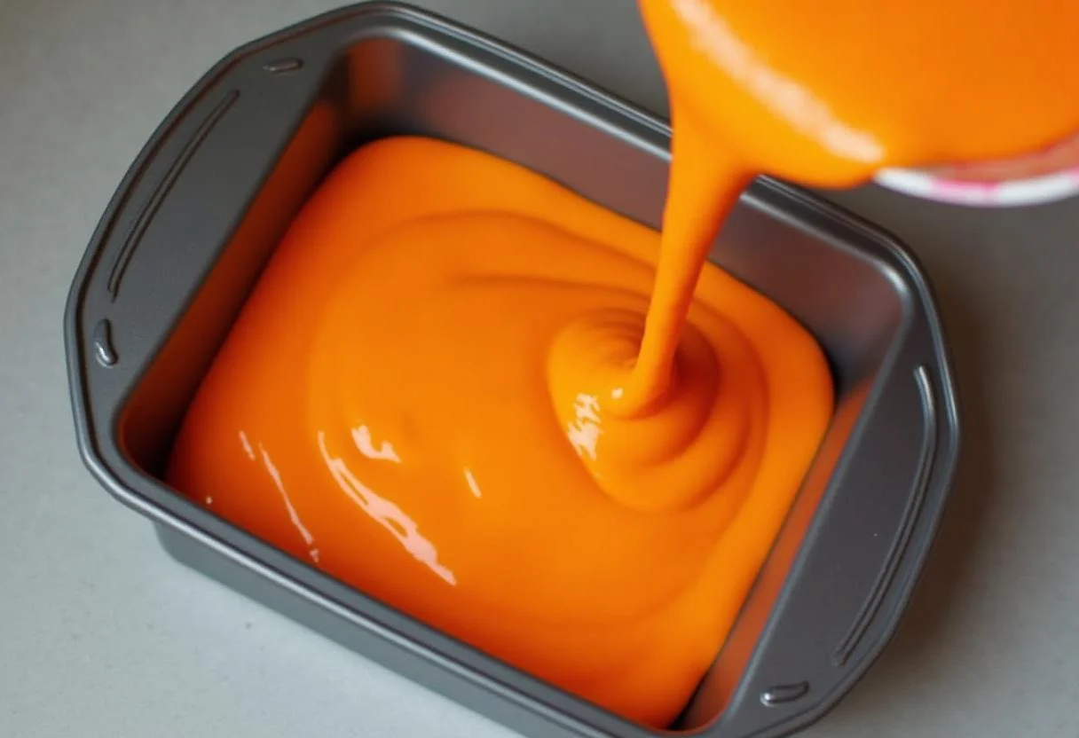 Massa laranja fluorescente sendo derramada na forma para o Bolo de Laranja Fluorescente Neon.