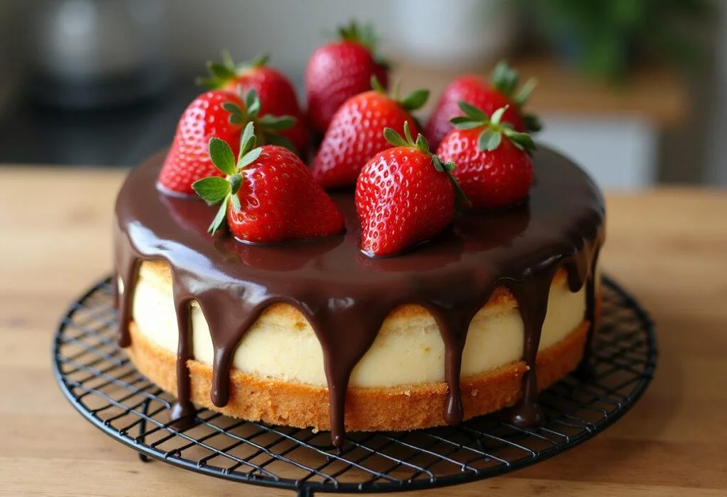 Bolo na Caixa de Creme de Leite finalizado com ganache de chocolate e morangos.