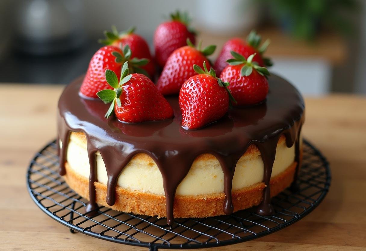 Bolo na Caixa de Creme de Leite finalizado com ganache de chocolate e morangos.