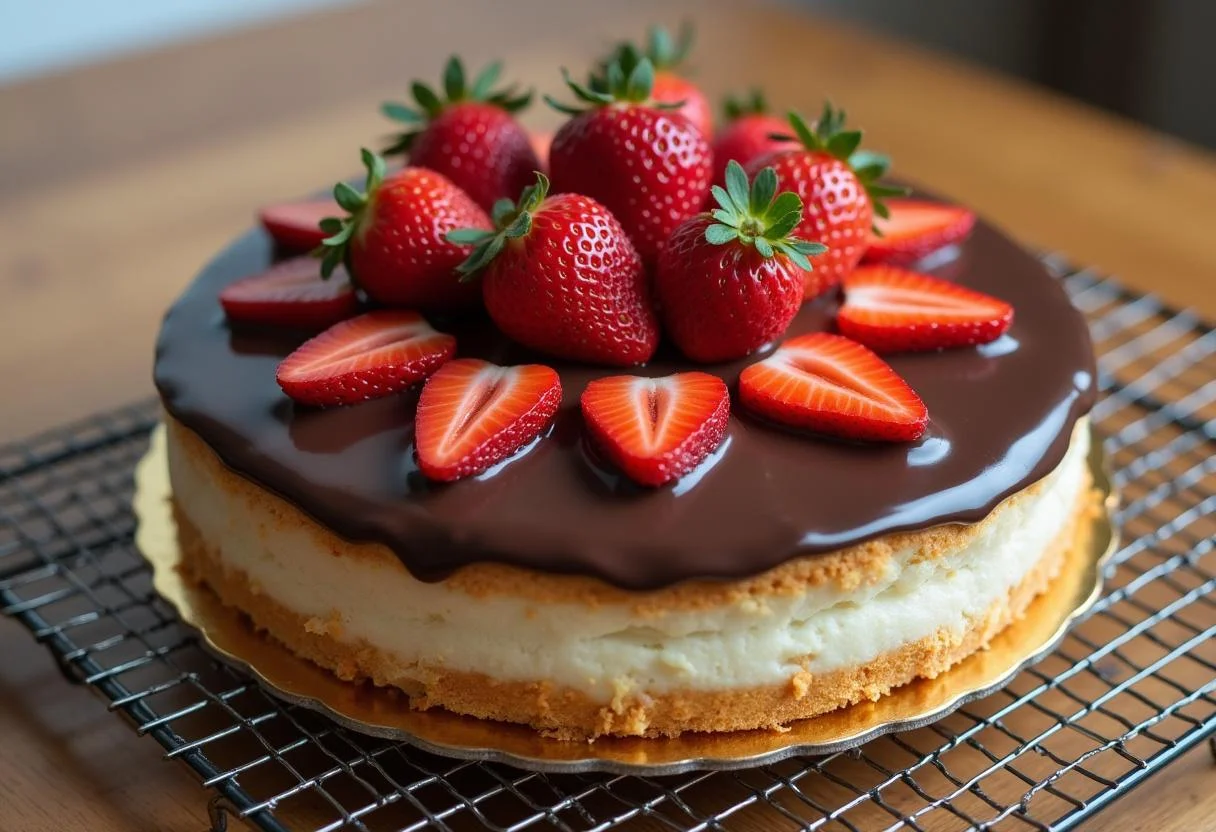 Bolo na Caixa de Creme de Leite finalizado com ganache de chocolate e morangos.