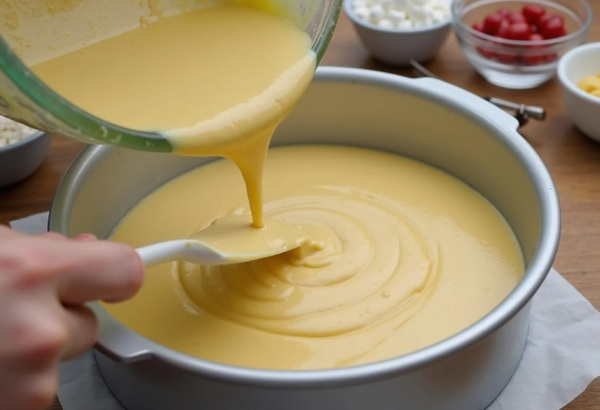 Massa de bolo na caixa de creme de leite sendo transferida para a forma.