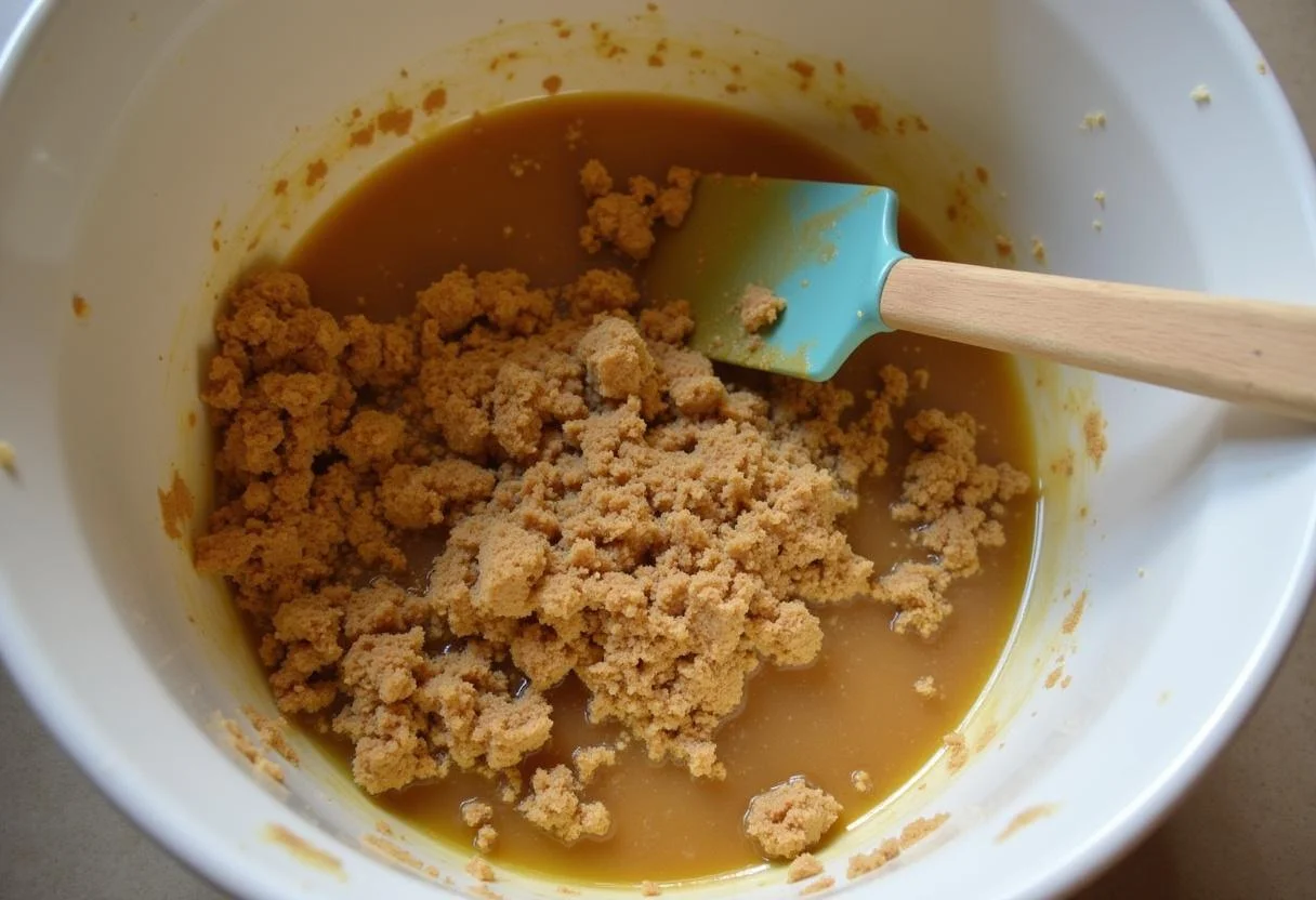 Mistura de biscoitos e manteiga para a base do Bombom Charge Caseiro Crocante.