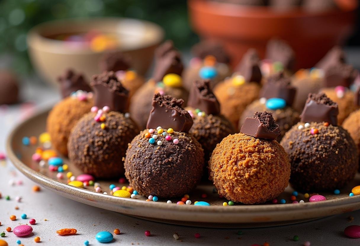 Brigadeiros gourmet de batom decorados com chocolate, prontos para festas e celebrações.