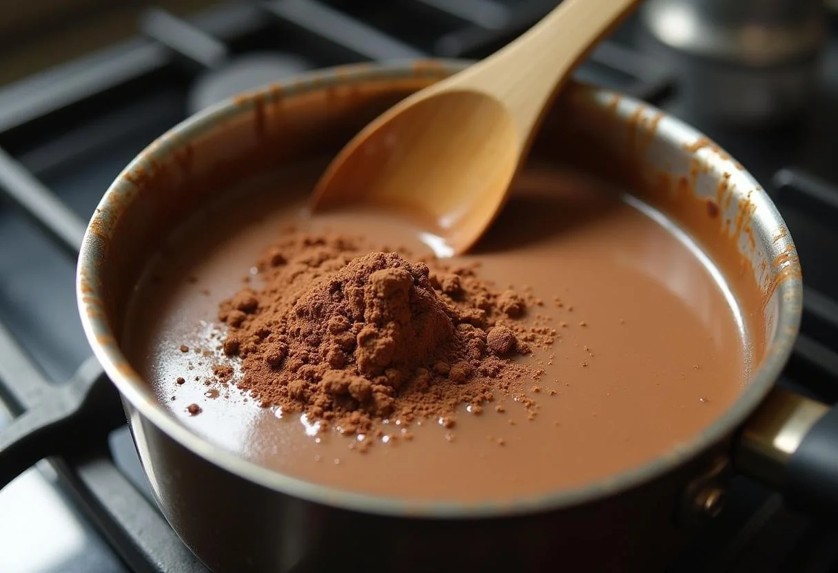 Mistura de leite condensado e chocolate em uma panela para Brigadeiro Gourmet de Batom.