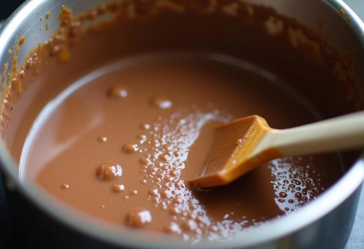 Mistura de Brigadeiro gourmet de batom engrossando na panela durante o preparo.