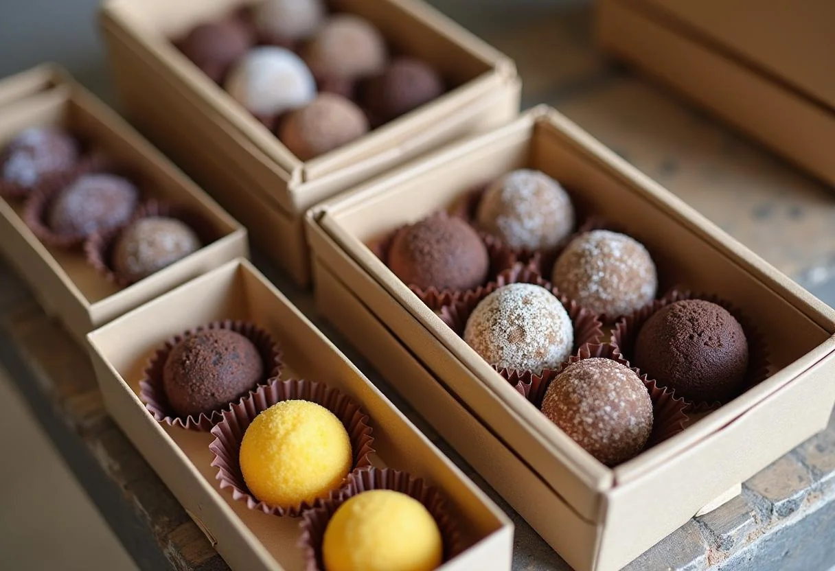 Embalagem de brigadeiros gourmet individual, ideal para presentes e celebrações.
