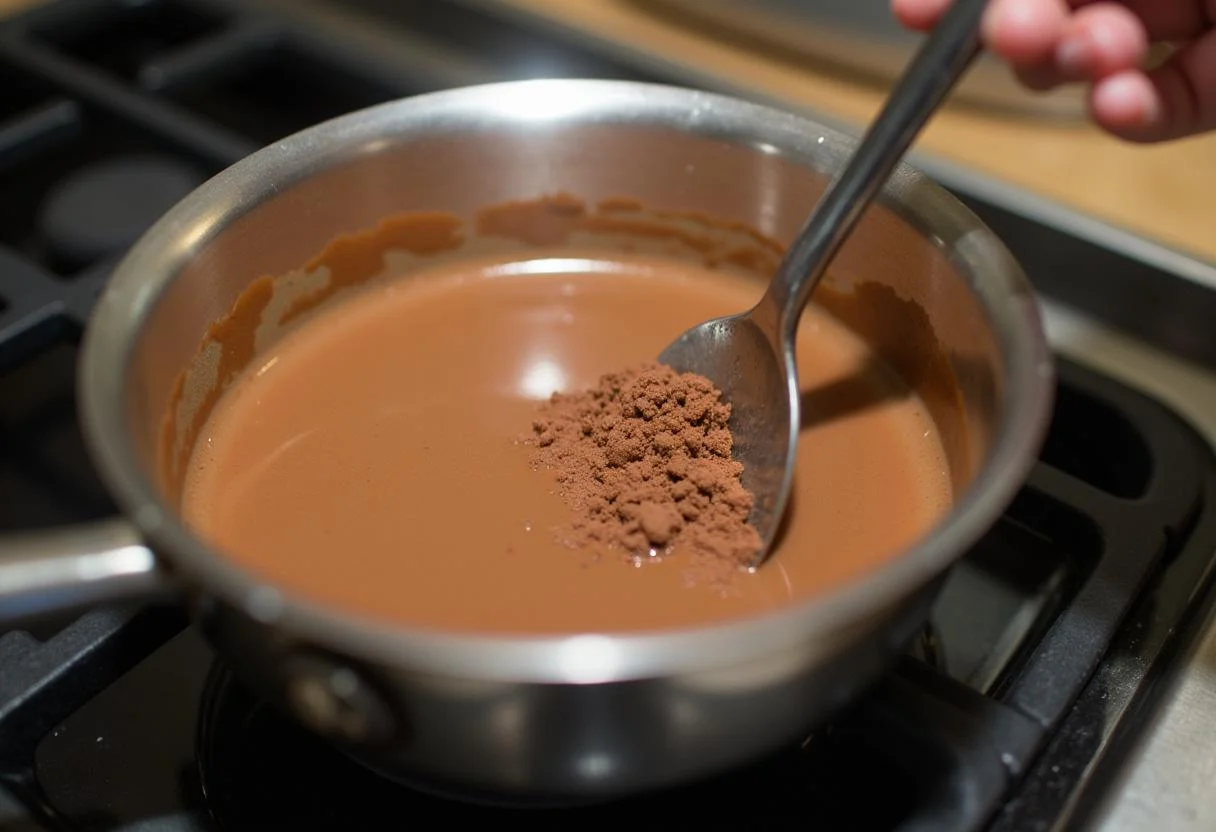 Mistura de leite condensado e chocolate em uma panela para fazer brigadeiro gourmet.