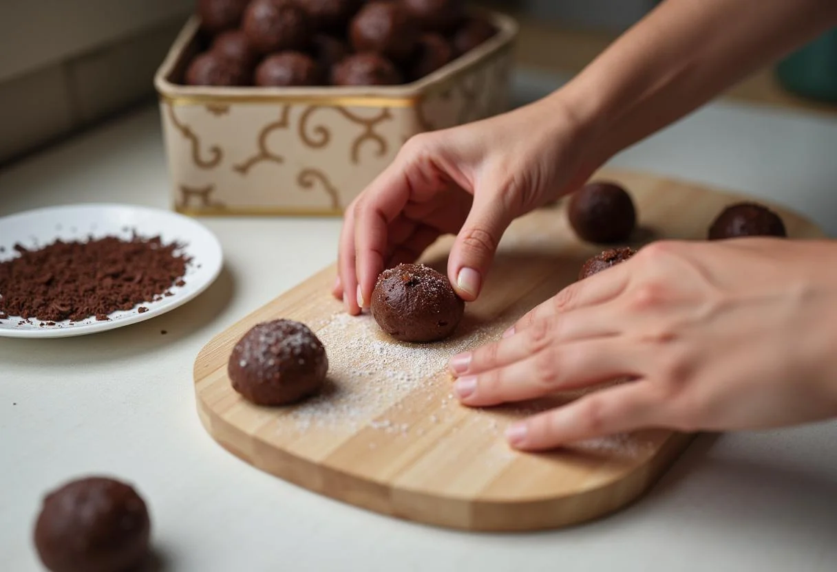 Bolinhas de brigadeiro gourmet sendo moldadas na preparação para embalagem.