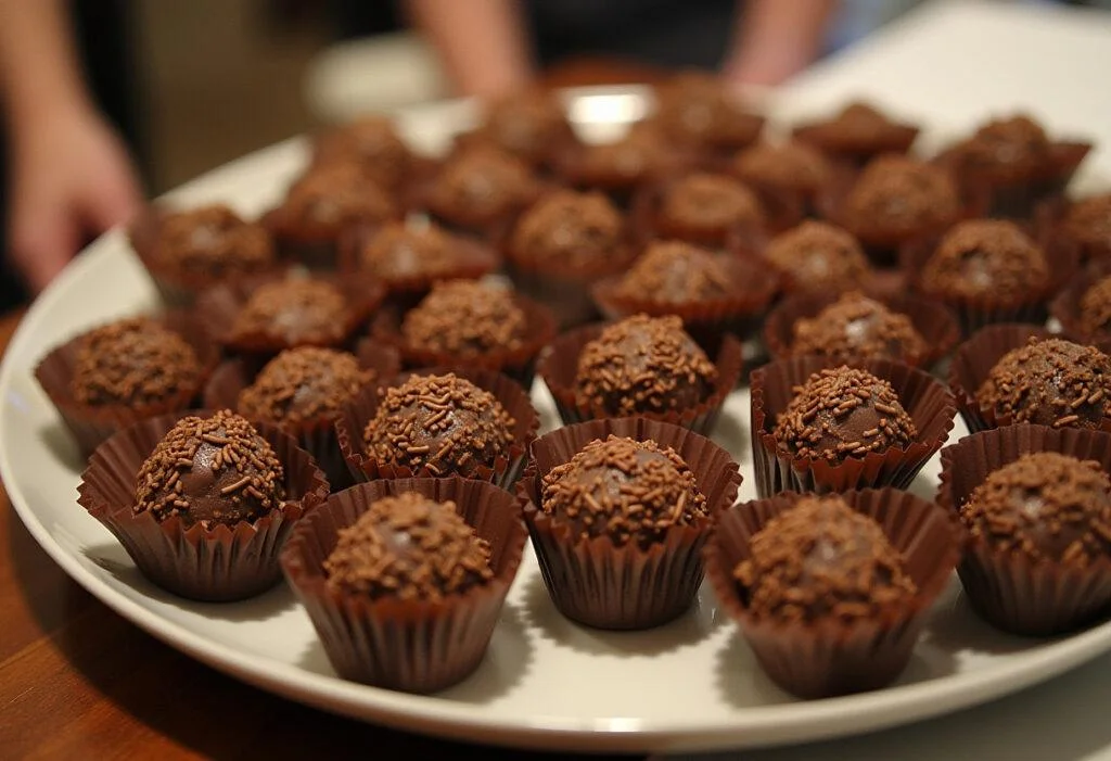Prato de Brigadeiro Reeses Caseiro decorado com chocolate granulado e mini Reese's, ideal para festas.