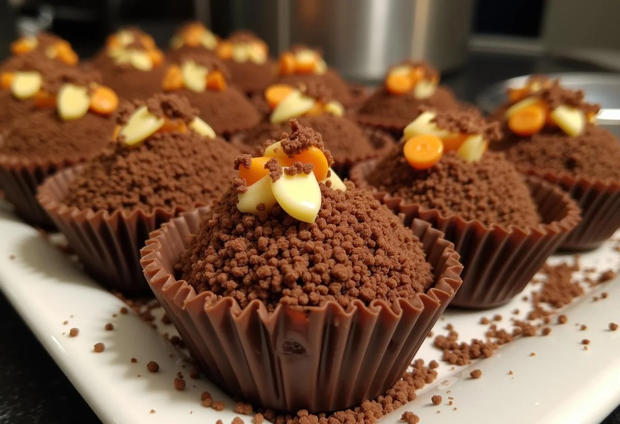 Prato de Brigadeiro Reeses Caseiro decorado com chocolate granulado e mini Reese's, ideal para festas.