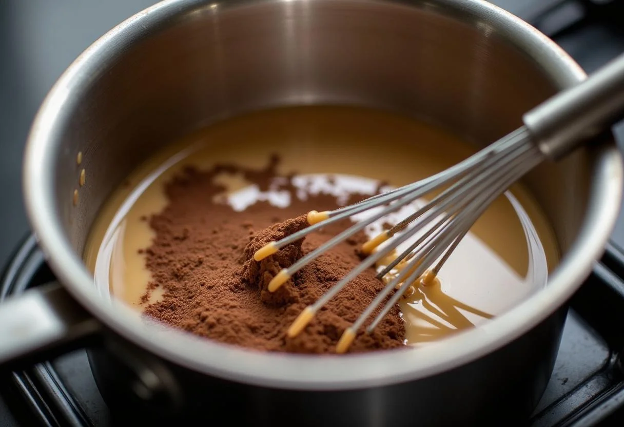 Mistura de leite condensado e cacau em pó no preparo do Brigadeiro Reeses Caseiro com chocolate Reese's.