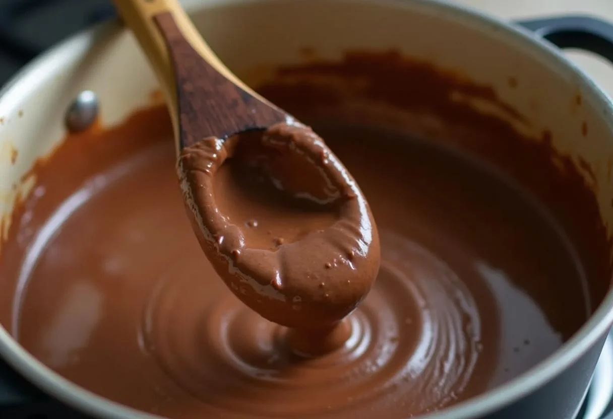 Mistura de chocolate derretido e manteiga sendo mexida no preparo do Brigadeiro Reeses Caseiro com chocolate Reese's.