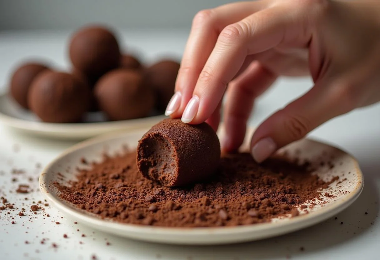 Brigadeiro Reeses Caseiro sendo enrolado em chocolate granulado para apresentação.