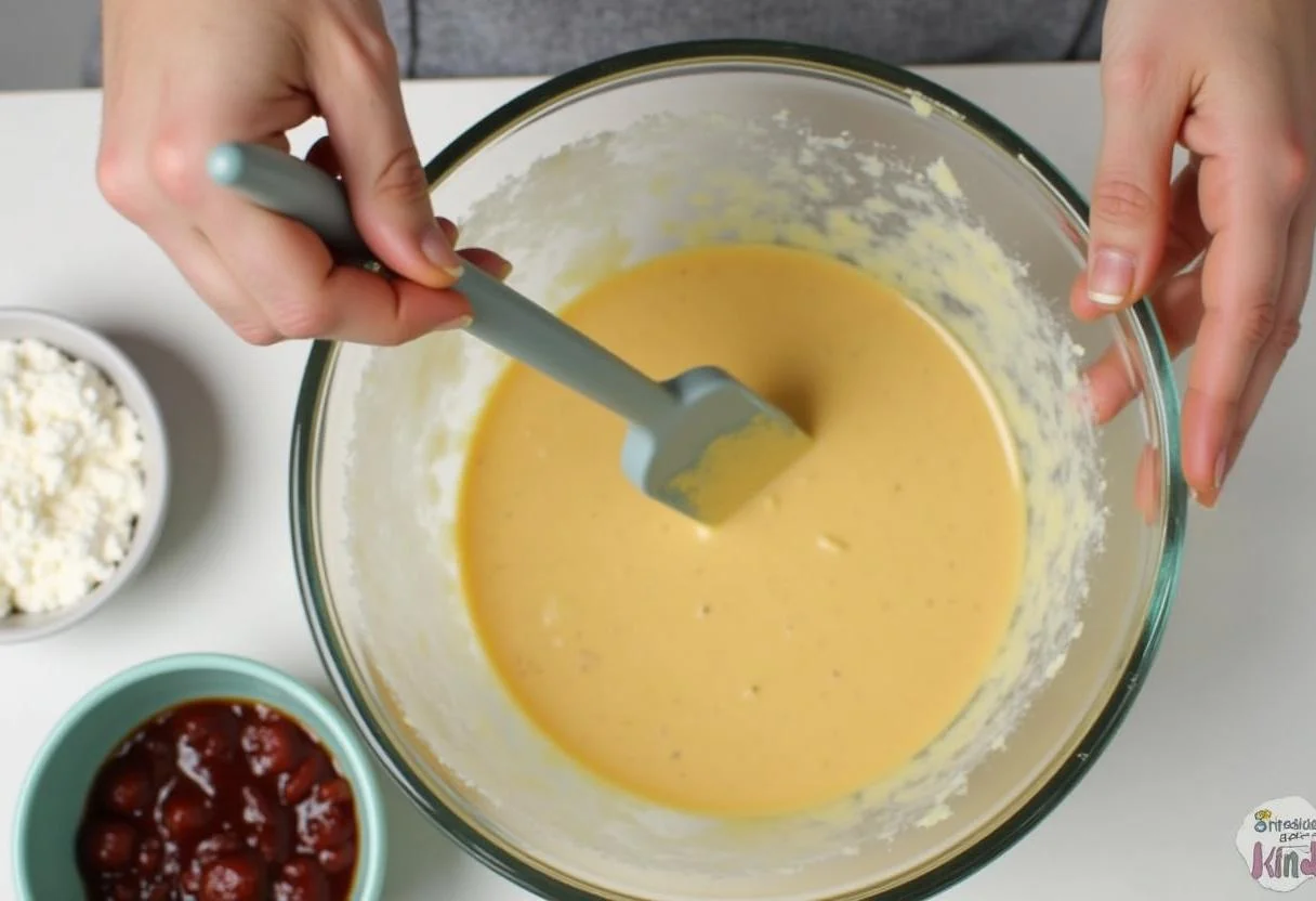 Mistura de brigadeiro vegano sendo mexida até obter uma consistência suave e cremosa.