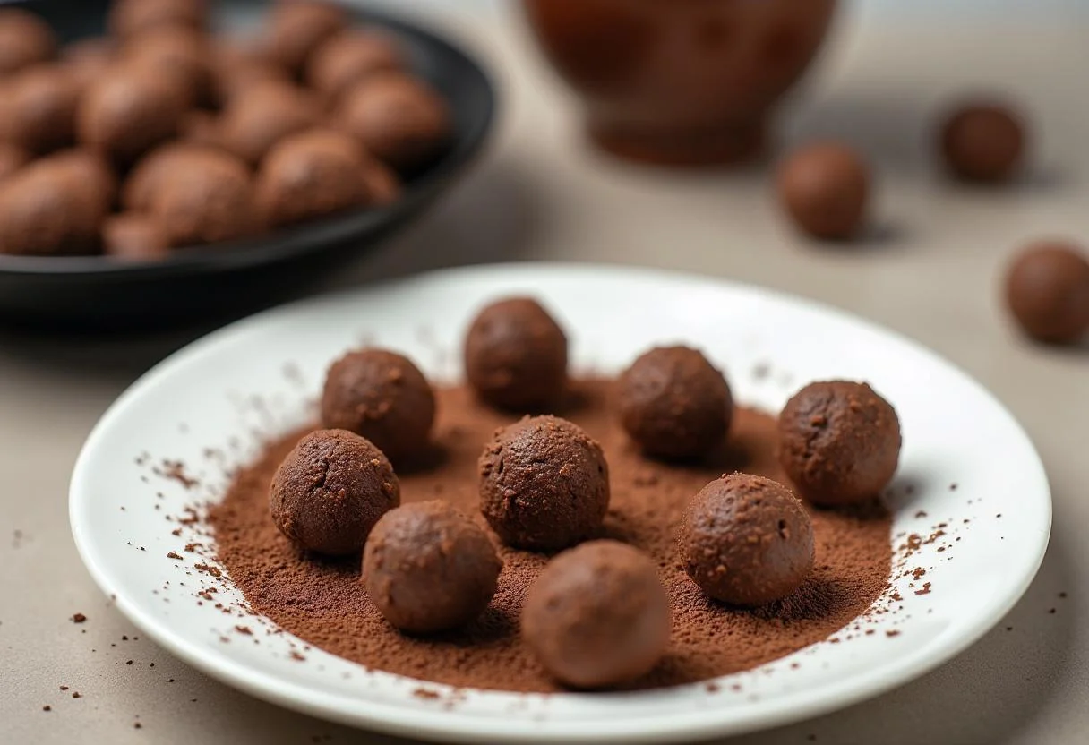 Enrolando bolinhas de brigadeiro vegano em granulado de chocolate para servir.