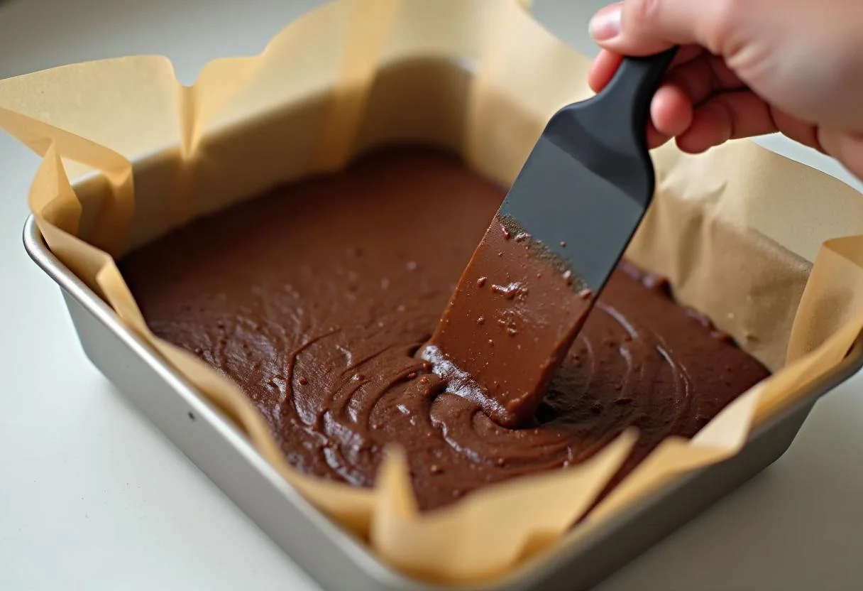Mistura de brownie com chocolate Harald sendo colocada na forma para assar.