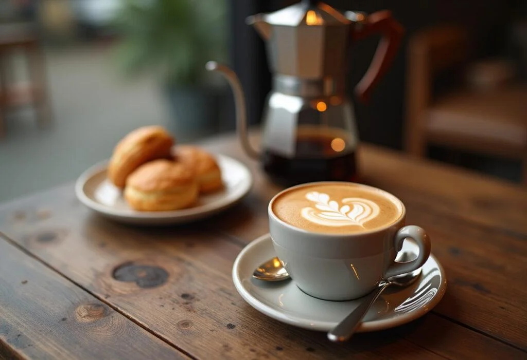 Café Brasileiro pronto para servir com croissants, destacando as famosas marcas de café.
