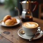 Café Brasileiro pronto para servir com croissants, destacando as famosas marcas de café.