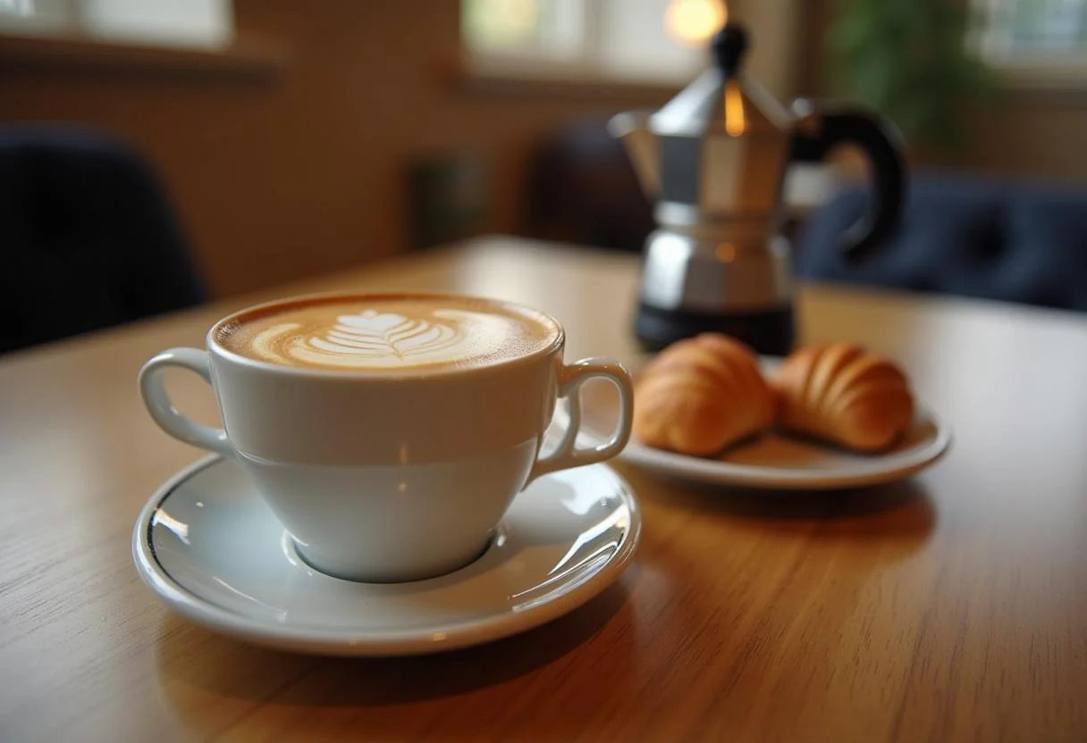 Café Brasileiro pronto para servir com croissants, destacando as famosas marcas de café.