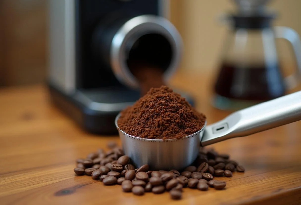 Grinds of café marcas sendo medidos para preparar o Café Brasileiro.