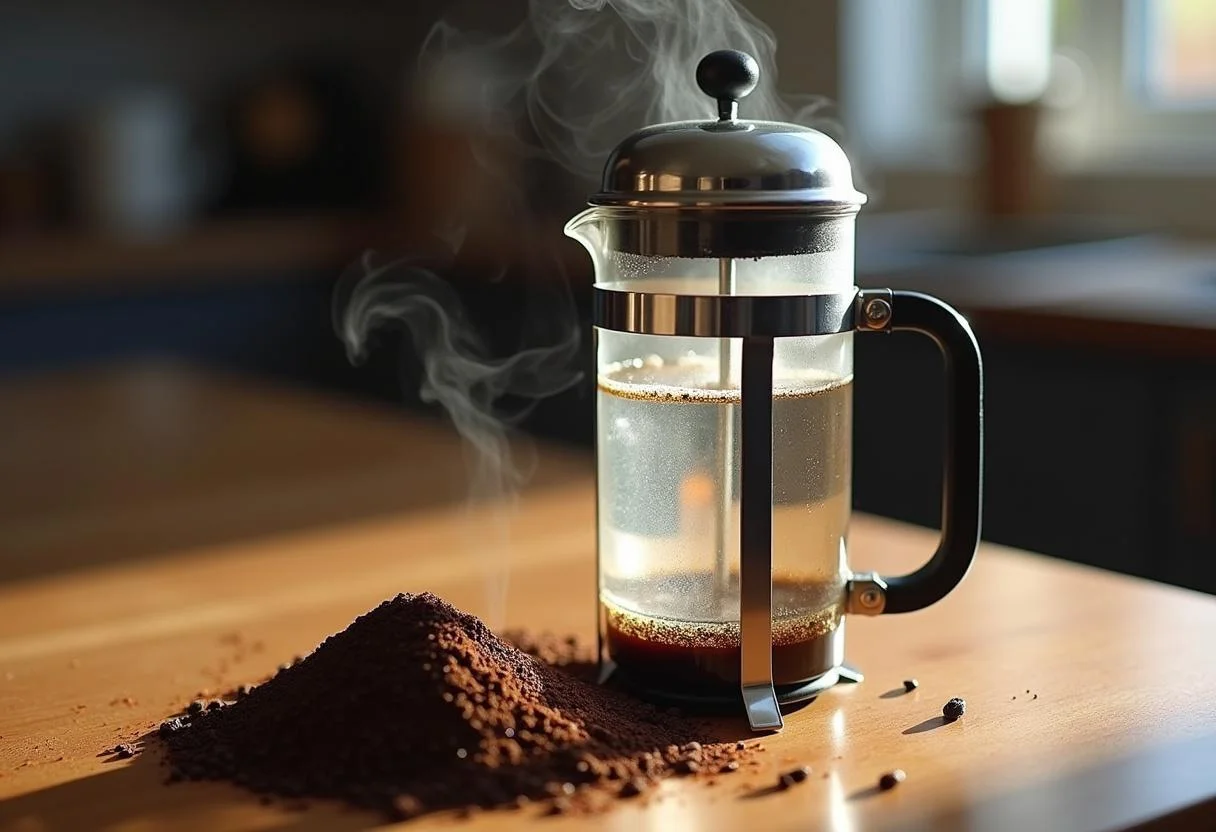 Água quente sendo adicionada ao French press para fazer Café Brasileiro marcas famosas.