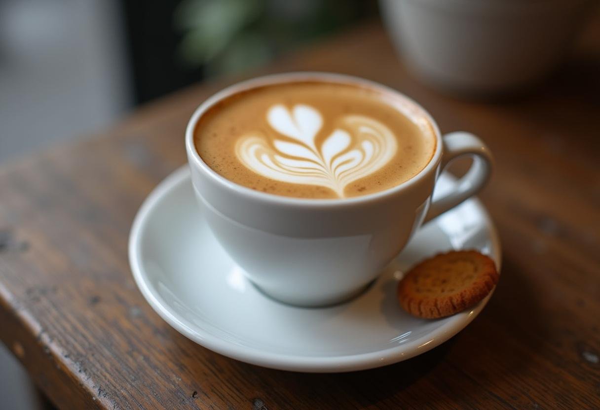 Café gourmet especial com espuma de leite e arte latte, perfeito para desfrutar.