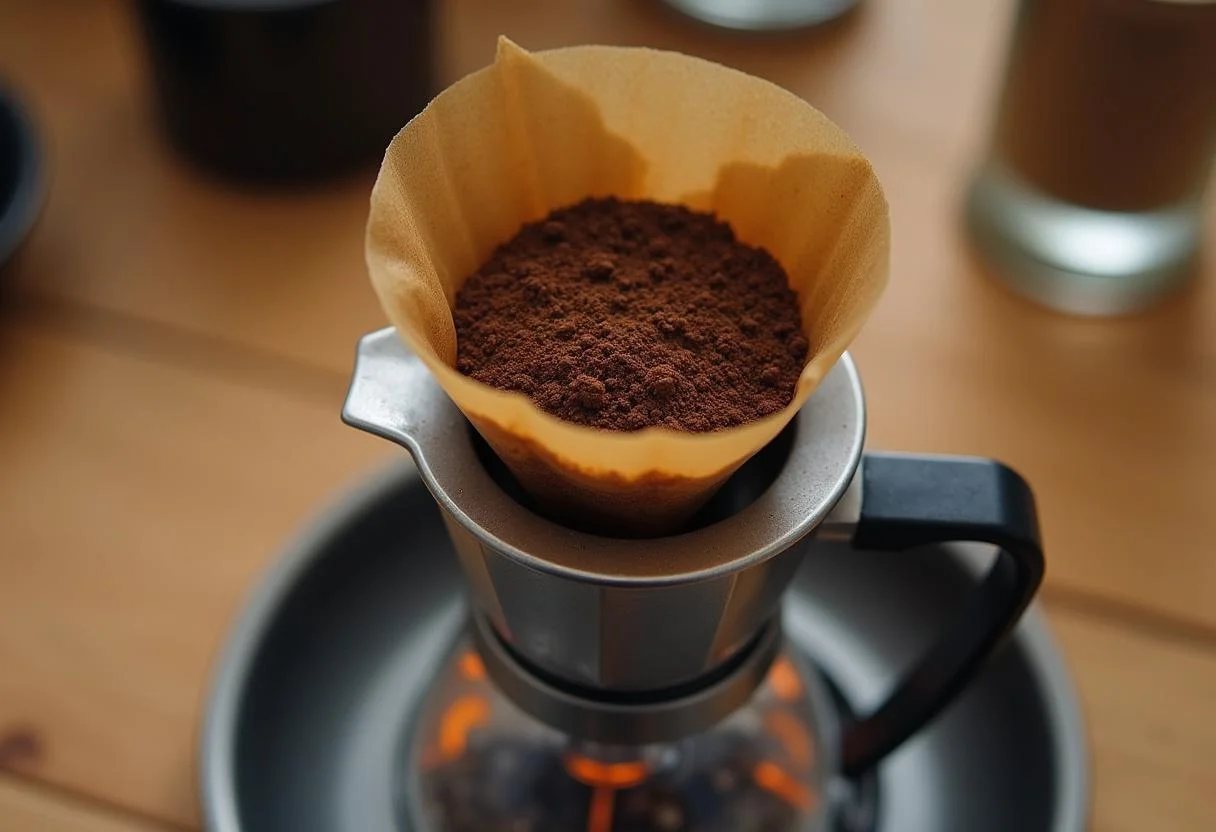 Cafeteira de fogão preparando café gourmet com grãos 100% arábica.