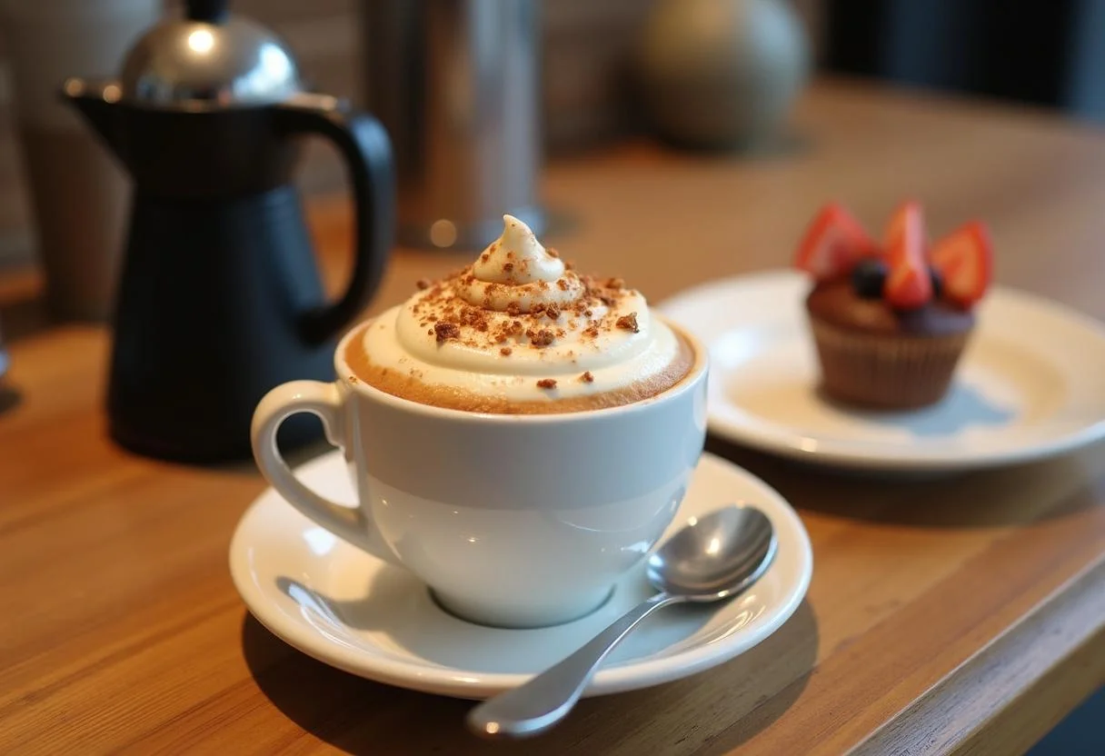 Estação de café gourmet com xícara de espresso e batedor de leite para criar coberturas especiais.