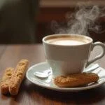 Café orgânico moído na hora servido com biscoitos em uma mesa rústica.