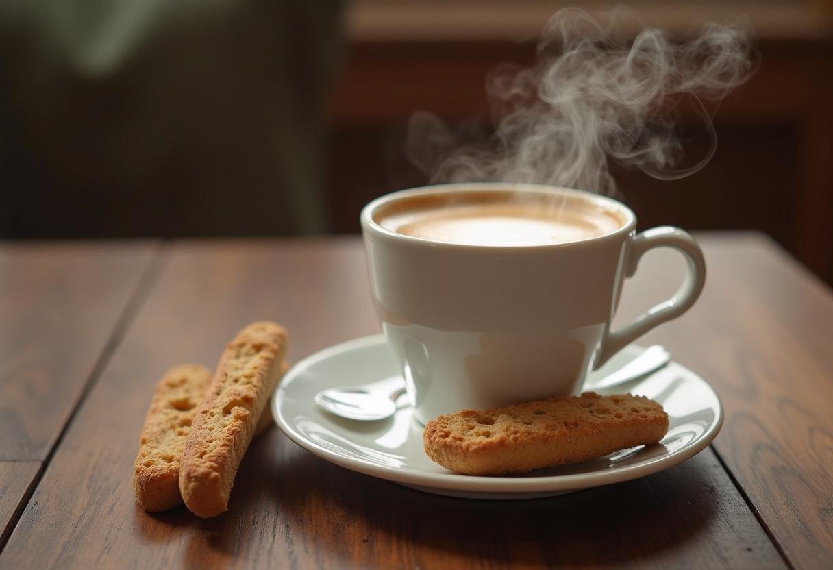 Café orgânico moído na hora servido com biscoitos em uma mesa rústica.