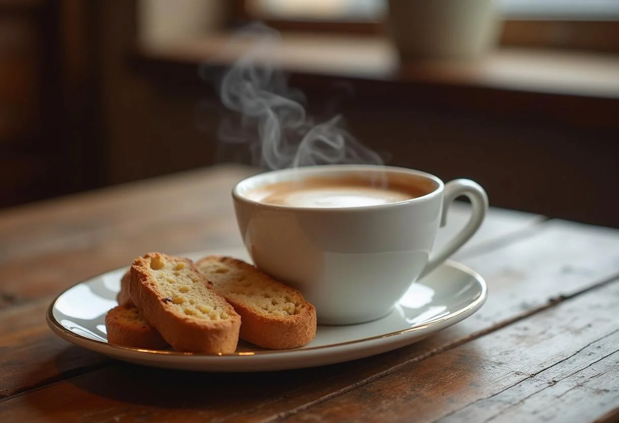 Café orgânico moído na hora servido com biscoitos em uma mesa rústica.