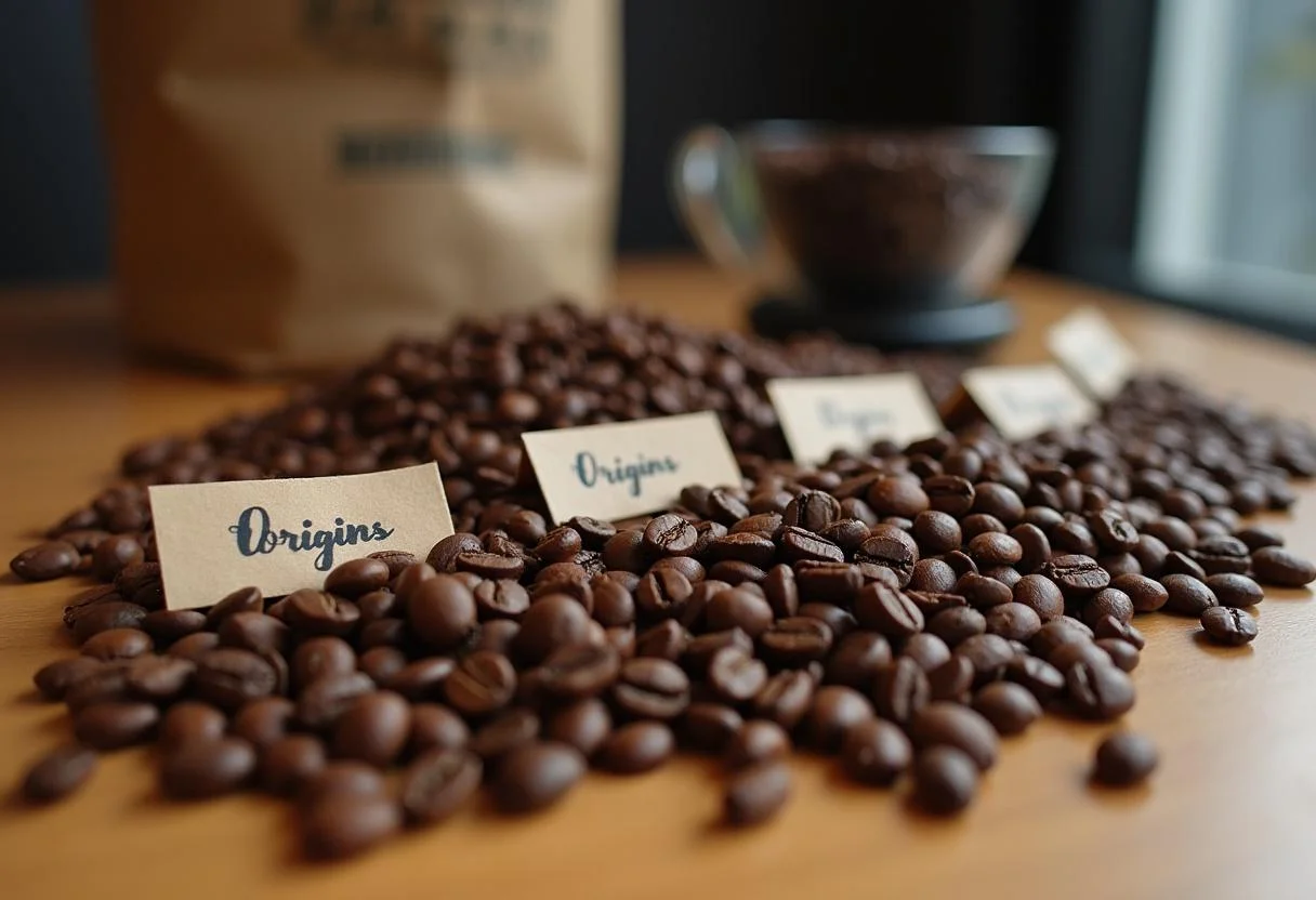 Grãos de café de diferentes origens espalhados na mesa para fazer café orgânico moído na hora.