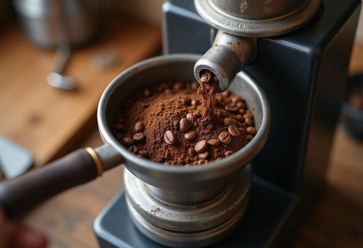 Grãos de café sendo moídos para preparar café orgânico moído na hora.
