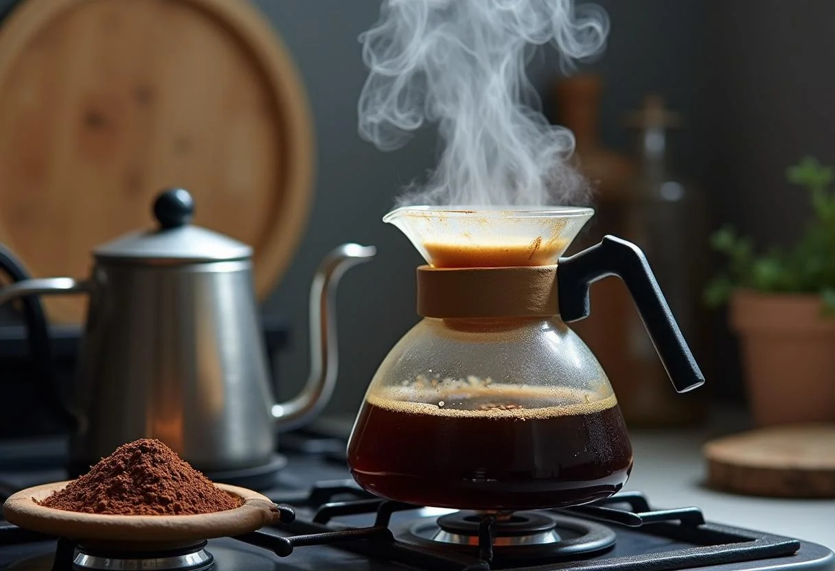 Cafeteira e água fervendo para preparar café orgânico moído na hora.