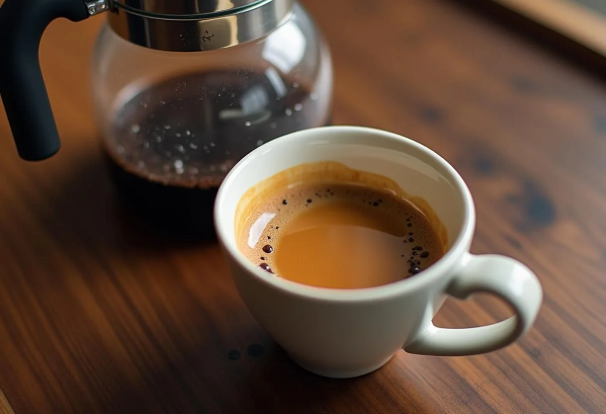 Xícara de café fresco, pronta para servir, destacando o café orgânico moído na hora.