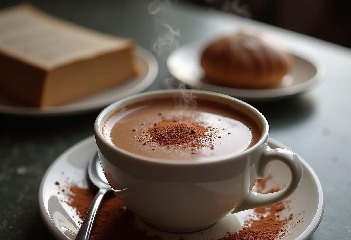 Café com chocolate cremoso servido com um toque especial, ideal para momentos aconchegantes.