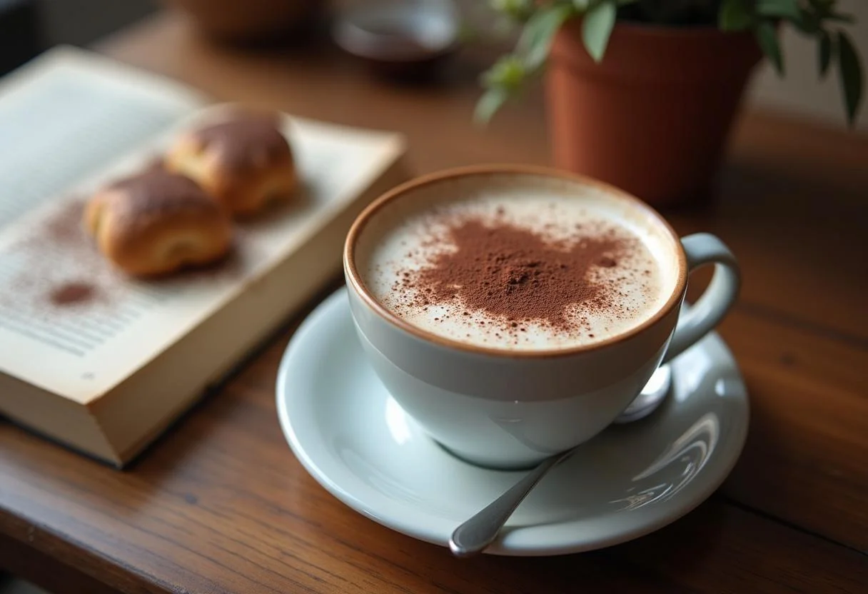 Café com chocolate cremoso servido com um toque especial, ideal para momentos aconchegantes.