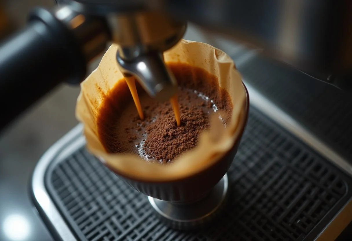 Café expresso sendo preparado para fazer café com chocolate cremoso.