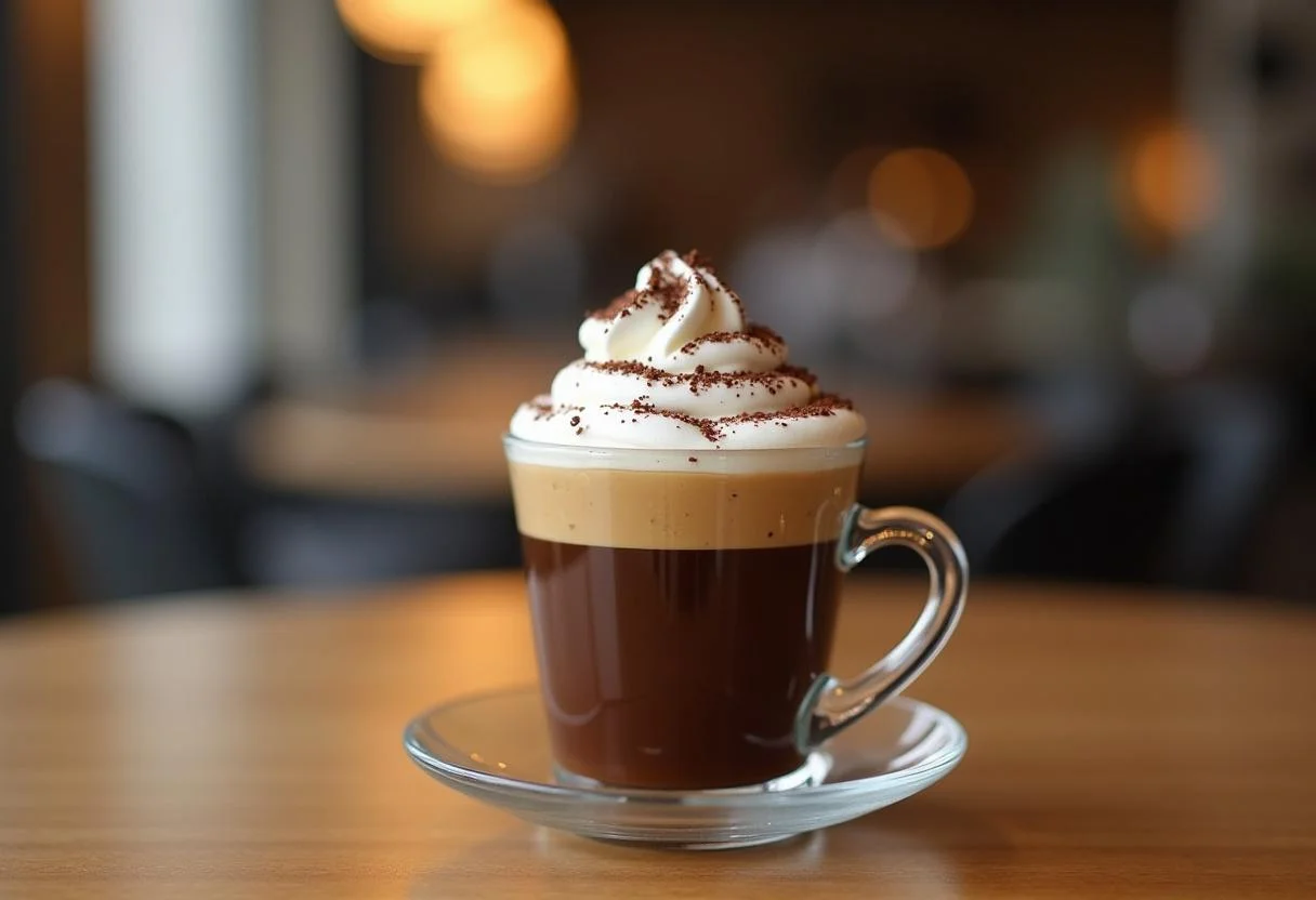 Café com chocolate cremoso servido com chantilly e raspas de chocolate.