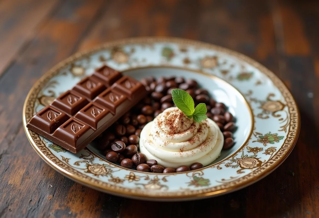 Ingredientes para café com chocolate cremoso, incluindo chocolate trufado e café em grãos.